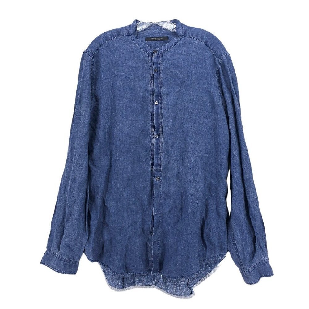 MESSAGERIE 100% Linen Blue Chambray Shirt Made in ITALY Size 17 - 43